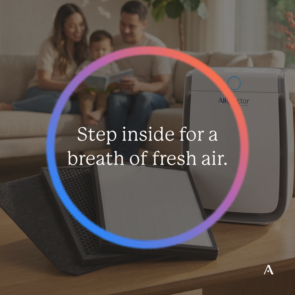 AirDoctor 3000 UltraHEPA replacement filter lifestyle image with slogan text for better breathing